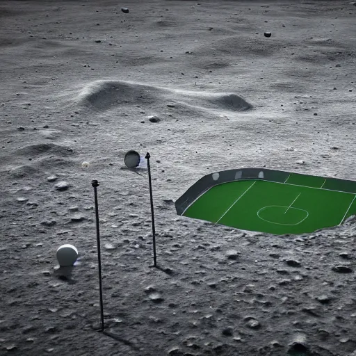 Image similar to 3 d render of a green soccer pitch on the moon, extreme long shot, unreal engine, realistic