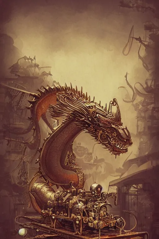 Image similar to illustration, old sick gold and crimsoned scaled asian style dragon on a steam punk plank of machinery with wires and gears and steam punk apparatus, matte painting, style of studio ghibli, featured in artstation and artgerm and pixiv, award winning, cinematic, intricate, 8 k