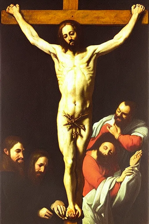 Image similar to “ garfield in the painting ‘ christ crucified ’ by diego velazquez ”