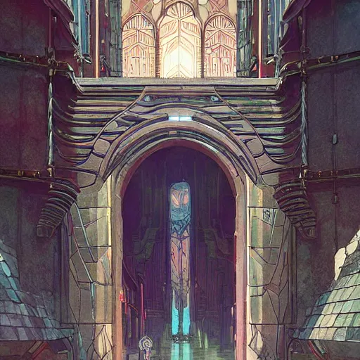 Image similar to immense art deco archway leading into byzantine arcology with studio ghibli wooden homeless medieval Hong Kong built into it, science fiction concept art by greg rutkowski and wayne barlowe and alphonse mucha