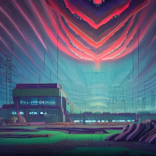 Image similar to beautiful painting of the empyrean glitched factory in a corals alien vortex in the style of Simon Stålenhag and H. R. Giger, detailed, trending on Artstation