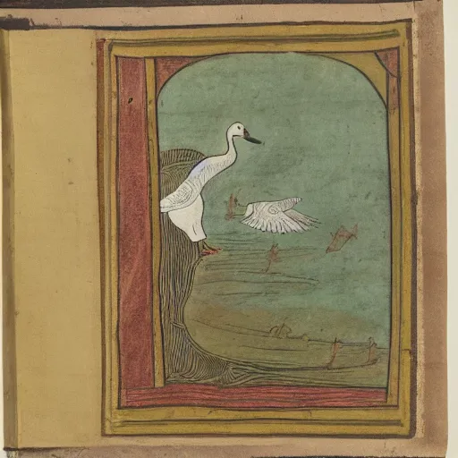 Prompt: manuscript showing a goose stealing a hat