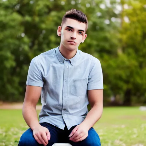 Image similar to full body photo of young man sitting on chair, perfect face, fine details, bokeh