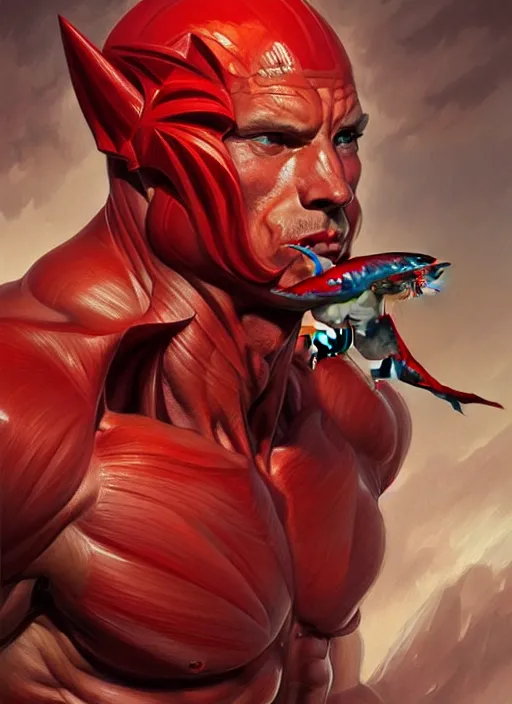 Image similar to portrait of a super muscular red human with a shark head breaking a wall, d & d, muscular! fantasy, intricate, elegant, highly detailed, digital painting, artstation, concept art, smooth, sharp focus, illustration, art by artgerm and greg rutkowski and alphonse mucha