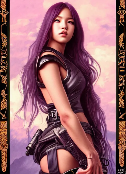 Image similar to jossi of blackpink, female soldier, tarot card, highly detailed, digital painting, smooth, sharp focus, illustration, ultra realistic, 8 k, art by artgerm and alphonse mucha