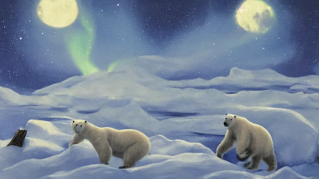 Image similar to an oil painting of a polar bear traversing a snowy landscape at night, the northern lights and the moon are visible