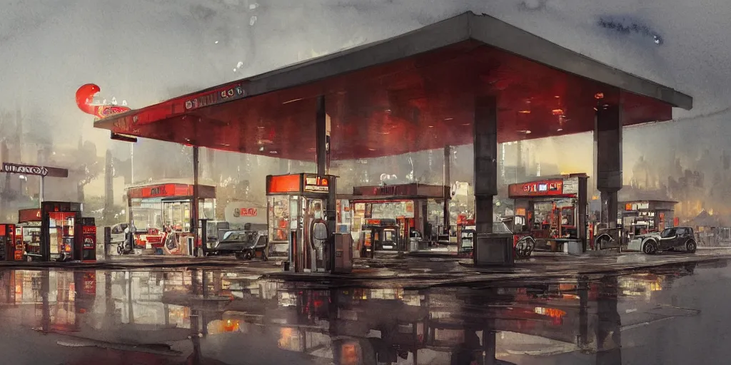 Prompt: a beautiful insanely intricate watercolor illustration of modern gas station, reflexions, colorfull, by william turner art, by greg rutkowski, by james jean, by rossdraws, by frank franzzeta, by sakimichan, by edmund dulac, trending on artstation, insanely detailed, masterpiece,