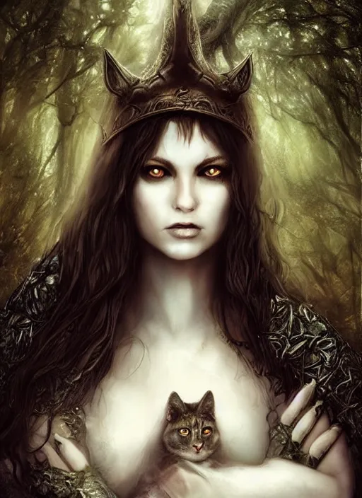 Image similar to medieval female warrior, green eyes, dark forbidden forest, wolves, white cat, by Lecouffe-Deharme, by Natalie Shau