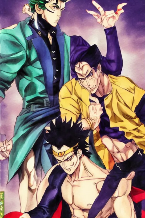 Image similar to manga cover, jotaro vs dio, art by hirohiko araki, vogue outfit, dynamic pose, action pose, muscular, watercolor