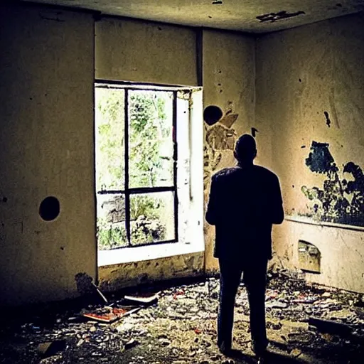 Prompt: “a man staring at a tv whilst imagining different worlds in an derelict room”