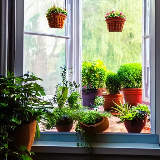 Image similar to old calico cat laying in the sun on thin blue cushion in bay window next to potted plants, professional photography