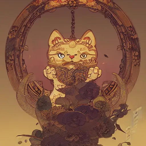 Image similar to A cute maneki neko, flowers around, D&D, fantasy, intricate, cinematic lighting, highly detailed, digital painting, artstation, concept art, smooth, sharp focus, illustration, art by Akihiko Yoshida, Greg Rutkowski and Alphonse Mucha