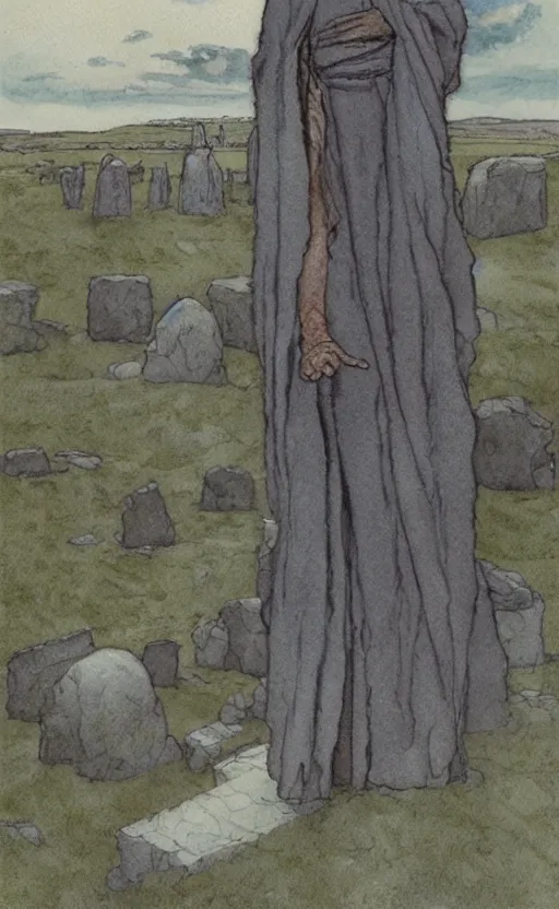 Image similar to a realistic and atmospheric watercolor fantasy concept art of giant monk with an elongated head in grey robes sitting in stonehenge. in the background a ufo is in the sky. by rebecca guay, michael kaluta, charles vess