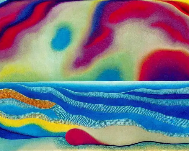 Prompt: Ocean waves in a psychedelic dream world. DMT. Curving rivers. Georgia O'Keeffe. Zao Wou-ki. Yves Tanguy.