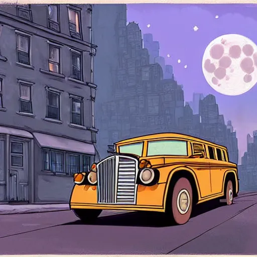 Image similar to a study of cell shaded cartoon limousine from howl's moving castle ( 2 0 0 4 ) on the streets of nyc, in front of a big moon, full body, wide shot, very muted colors, post grunge, studio ghibli, laurie greasley, highly detailed, deviantart, art by artgem