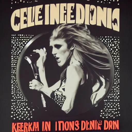 Prompt: 1 9 8 5 punk concert poster for celine dion