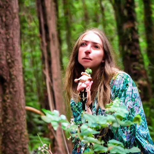 Image similar to beautiful naturalist woman, oregon country fair, living her full truth, enchanting, playing in a forest full of herbs and plants