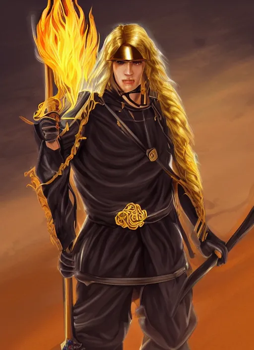 Image similar to An Artstation drawing style of a young man wearing a black scale ninja outfit with golden details, no mask, wavy golden hair and blue eyes. He is holding a golden bo staff. He is in a fiery desert with a blue sky.