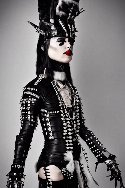 Image similar to a indigenous inuit genderqueer person in a black leather outfit with spikes on their head, a high fashion character portrait by christen dalsgaard, featured on behance, gothic art, androgynous, genderless, gothic