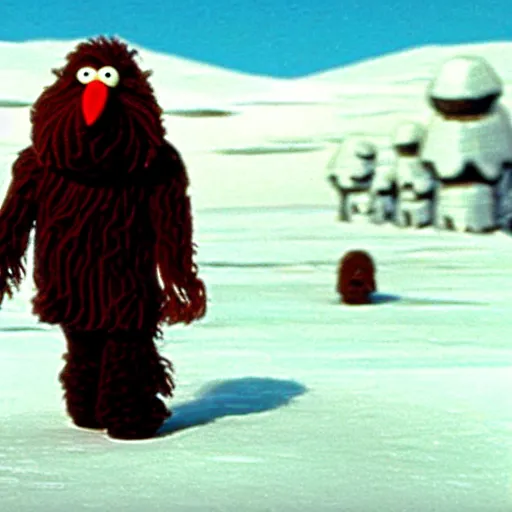 Image similar to Mr. Snuffleupagus walking along the planet Hoth