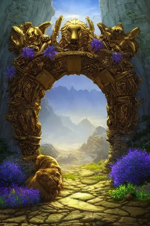 Image similar to A giant medieval fantasy energy portal gate with a rusty gold carved lion face with blue glowing eyes at the center of the gate, the portal takes you to another world, full of colorful flowers on the lost Vibes and mountains in the background, spring, delicate fog, sea breeze rises in the air, by andreas rocha and john howe, and Martin Johnson Heade, featured on artstation, featured on behance, golden ratio, ultrawide angle, f32, well composed, rule of thirds, center spotlight, low angle view