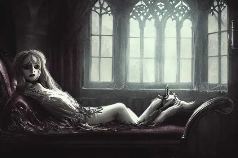 Prompt: a vintage film of a beautiful gothic girl lying on the coach, dark art, scary lighting, stunning scene, highly detailed, concept art, trending on artstation