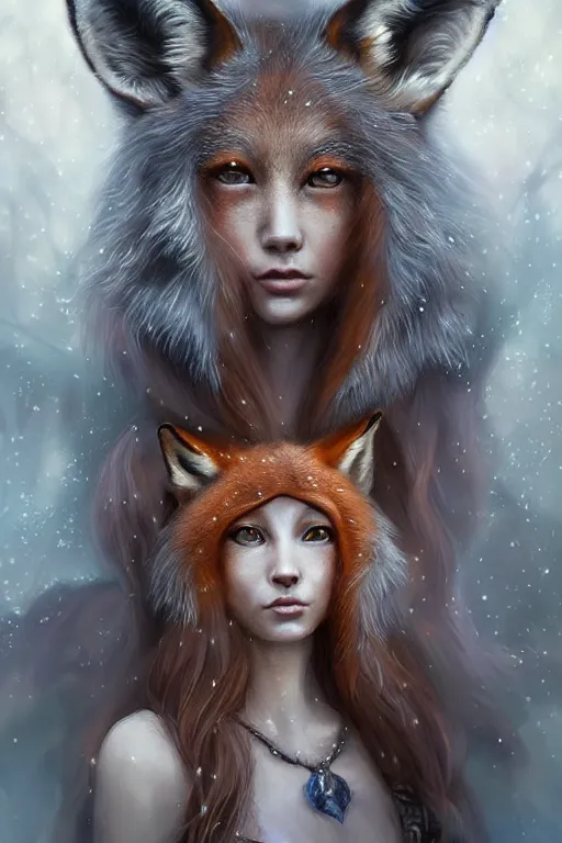 Image similar to majestic and regal portrait of a beautiful young female fox girl!!, intricate, animal ears, epic, elegant, menacing, fantasy, highly detailed, digital painting, hard focus, beautiful volumetric lighting, epic light, ultra detailed, souls, smoke, by leesha hannigan, ross tran, thierry doizon, kai carpenter, ignacio fernandez rios