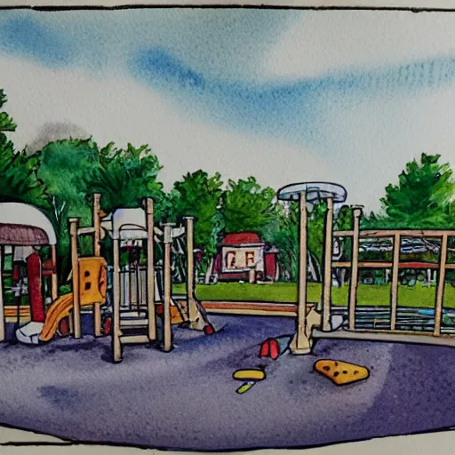 Prompt: high detail watercolor of playground