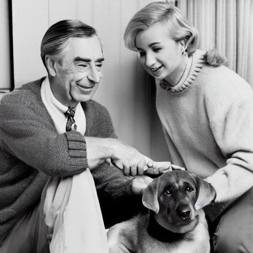 Prompt: Fred Rogers petting a golden lab dog, 4k, award winning photo