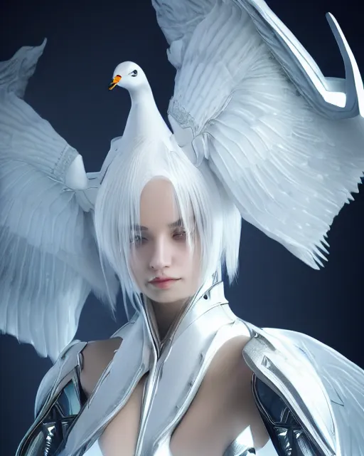 Image similar to perfect white haired attractive egyptian goddess with huge white dove wings, warframe armor, beautiful, symmetric, dreamy, half asian, pretty face, blue eyes, detailed, scifi platform, laboratory, experiment, 4 k, ultra realistic, epic lighting, android body, illuminated, cinematic, masterpiece, art by akihito tsukushi, voidstar