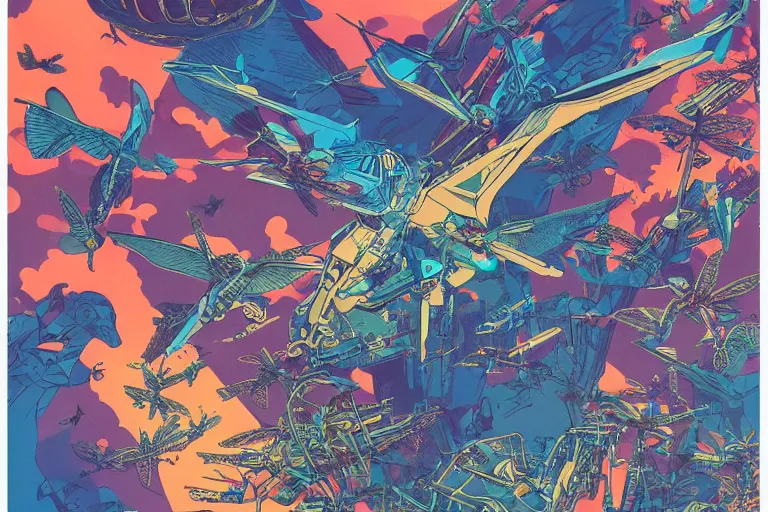 Image similar to risograph, gigantic mecha arzach birds with dragonflies, tiny rats, a lot of exotic animals around, big human faces everywhere, helicopters and tremendous birds, by satoshi kon and moebius, matte summer blue colors, surreal psychedelic design, crispy, super - detailed, a lot of tiny details, 4 k, fullshot