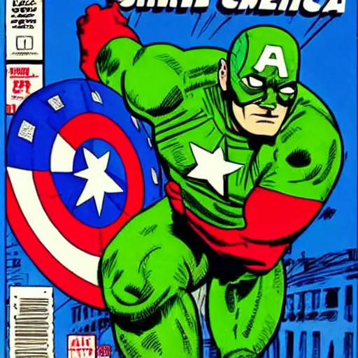 Prompt: Captain America versus a vilain dressed as a giant pickle, comic book cover, by Stan Lee