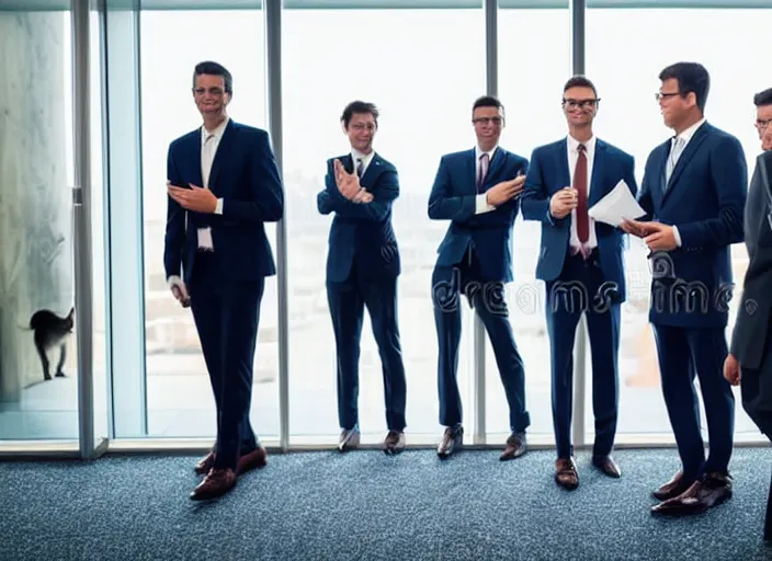 Image similar to photo of cats in suits attending a management board meeting. Highly detailed 8k. Intricate. Sony a7r iv 55mm. Stock photo.