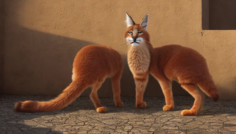 Image similar to wooden barrel on one side, fullbody photo of cute fluffy caracal in it, ancient greek city, sunny day, by ilya kuvshinov, rtx rendering, octane render 1 2 8 k, maya, extreme high intricate details by tom bagshaw, medium shot, close up shot, composition by sana takeda, lighting by greg rutkowski