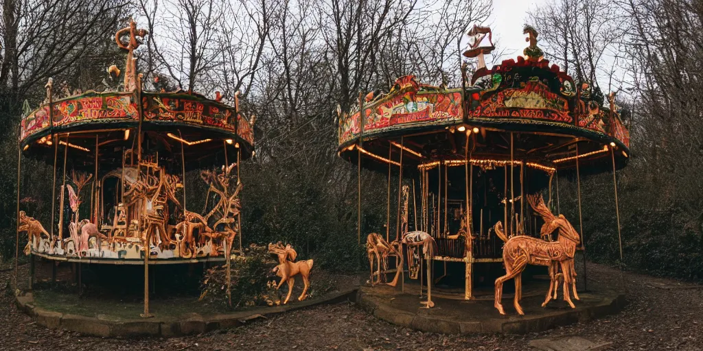 Image similar to an abandoned secret carousel with elaborately intricate carved wooden figures of animals, pine treehouse, christmas lights, discovered in a secret garden, hedgemaze, photo taken on fujifilm superia film, 3 5 mm