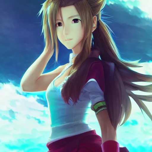 Image similar to beautiful anime art of aerith ff7 by wlop, rossdraws, mingchen shen, bangkuart, sakimichan, yan gisuka, jeongseok lee, artstation, 4k