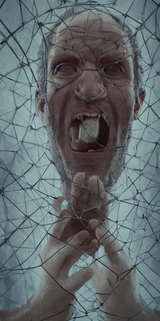 Image similar to A man stuck inside a mental cage, going crazy, thoughts, anxiety, digital art, trending on artstation, movie shot, cinematic, hyperrealistic, detailed, depth of field, High definition, 8k, octane render