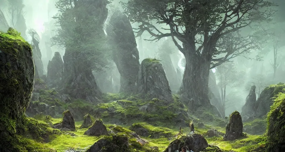 Prompt: Beautiful uplifting glade bg. Elven stone monuments along the pristine well-maintained pathway. Mysterious stone monuments. J.R.R. Tolkien's Middle-Earth. Trending on Artstation. Digital illustration. Artwork by Darek Zabrocki and Sylvain Sarrailh. Concept art, Concept Design, Illustration, Marketing Illustration, 3ds Max, Blender, Keyshot, Unreal Engine, ZBrush, 3DCoat, World Machine, SpeedTree, 3D Modelling, Digital Painting, Matte Painting, Character Design, Environment Design, Game Design, After Effects, Maya, Photoshop.