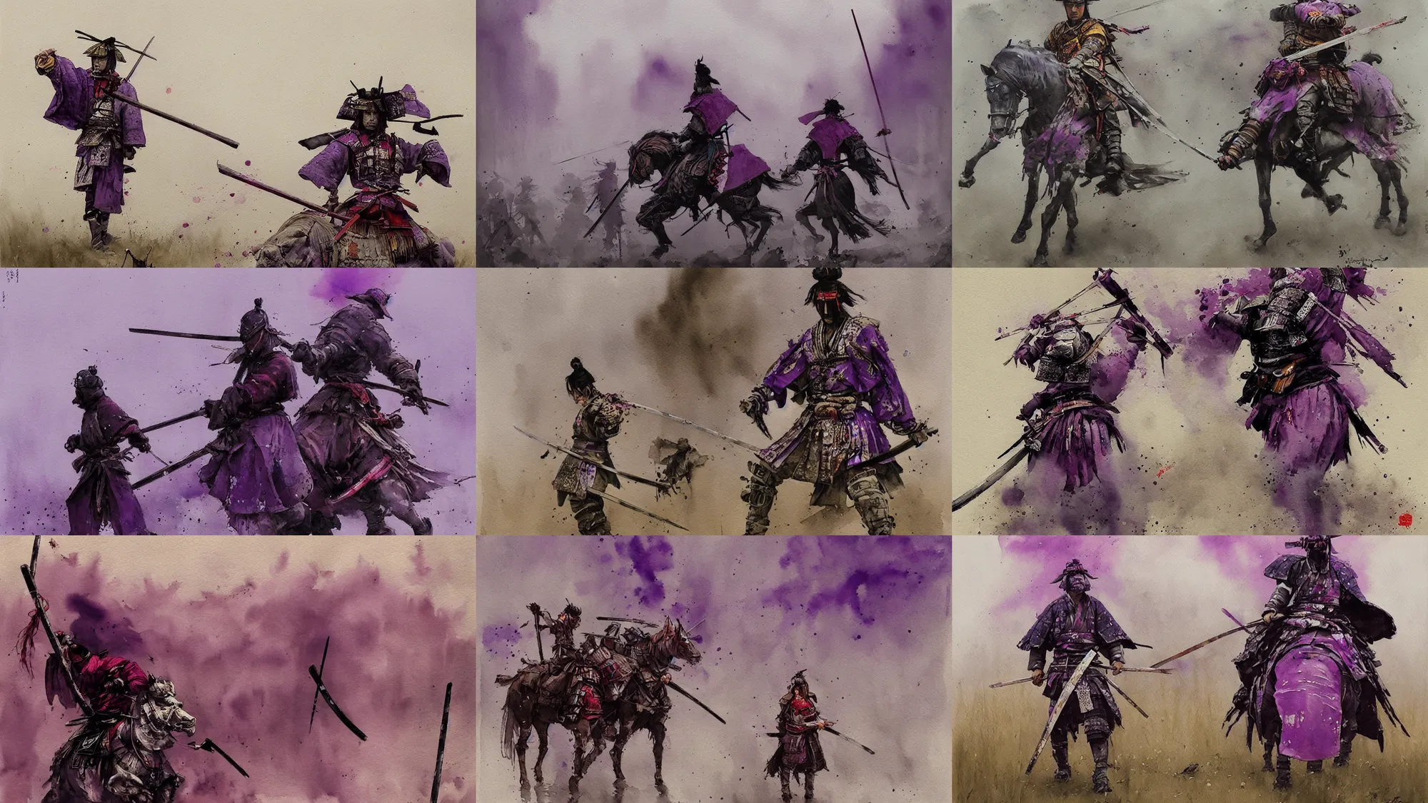 Prompt: magnificent painting of samurai | lightings purple, watercolor, jakub rozalski, art nouveau,