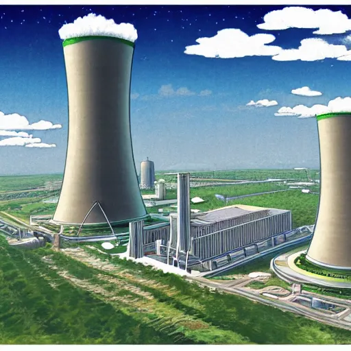 Prompt: illustration of an advanced nuclear power plant, studio ghibli, ultra hd