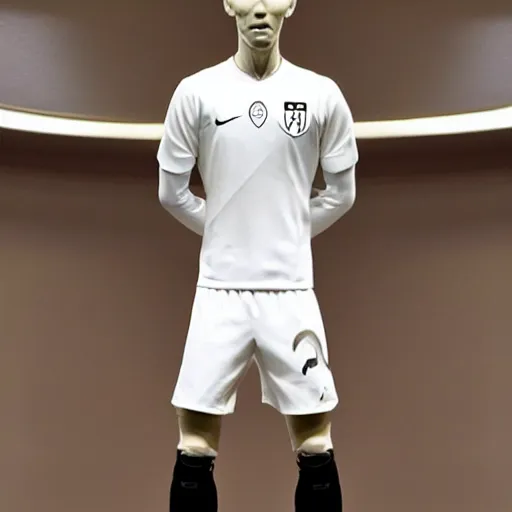 Image similar to a realistic detailed photo of a guy who is an attractive humanoid who is half robot and half humanoid, who is a male android, soccer player martin ødegaard, shiny skin, posing like a statue, blank stare, in a gaming room, on display