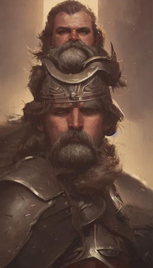 Prompt: Portrait of an old knight with a large moustache, male, detailed face, fantasy, highly detailed, cinematic lighting, digital art painting by greg rutkowski
