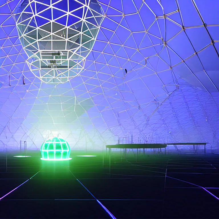 Image similar to an immaculate volumetric path tracing lighting render of a of beautiful iridescent large geodesic dome device at the center of a vast modern datacenter, fog, god rays, and nixie tubes by eric lafforgue and beeple, beautiful modern colors, ultradetailed, 4k ultra