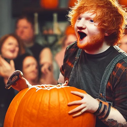 Prompt: photo of ed sheeran stuck inside a pumpkin, yelling for help