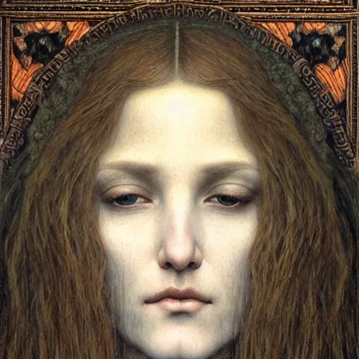 Image similar to detailed realistic beautiful young medieval queen face portrait by jean delville and marco mazzoni, art nouveau, symbolist, visionary, gothic, pre - raphaelite