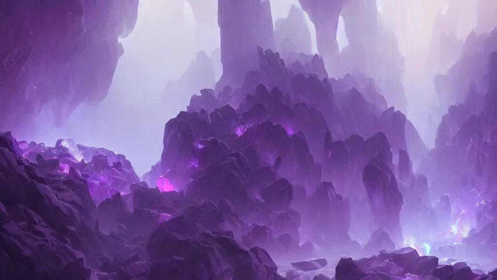 Image similar to a dark cave illuminated by large glowing violet crystal shards and veins, glowing!, foggy, by sylvain sarrailh, rossdraws, ambient light, ultra detailed, fantasy artwork, 8 k, volumetric lighting, trending on artstation, award winning, beautiful scenery, very very very very very very very beautiful.
