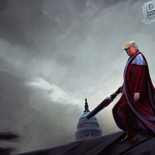 Image similar to Donald Trump as a jedi, post-apocalyptic, capitol hill, wlop, artstation, landscape, dark, atmospheric