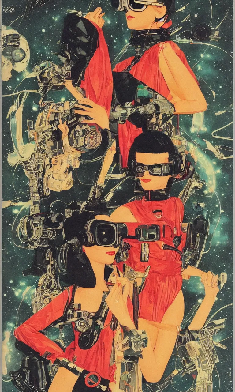 Prompt: 1979 OMNI Magazine Cover depicting a portrait of a Beautiful woman wearing a Gucci kimono and AR goggles, qAkira style by Vincent Di Fate