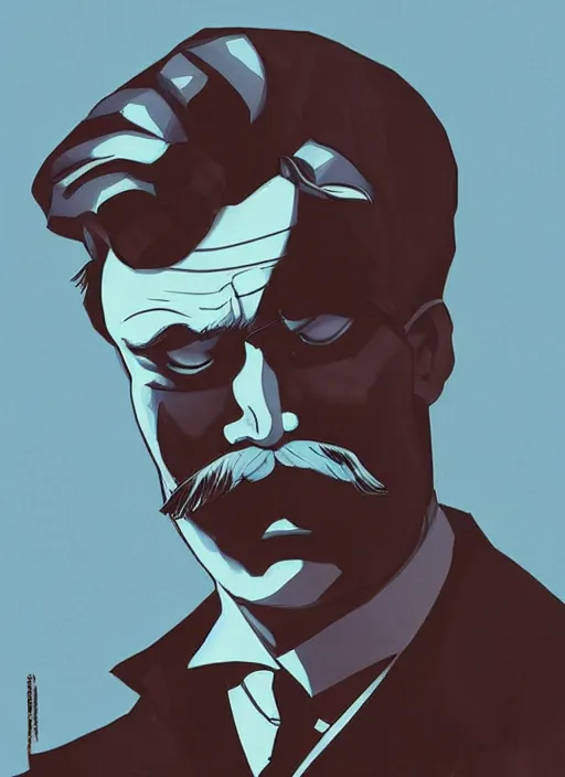 Prompt: Friedrich Nietzsche with a chiseled Jawline and serious Look, in his suit, in the Style of Artgerm and Ross Draws and Mike Mignola and Tomer Hanuka, vibrant colors and hard shadows and strong rim light, Comic Cover Art, plain background, trending on artstation