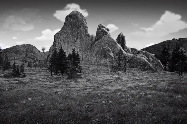 Prompt: a sublime black and white landscape photograph with a giant monster in the distance, in the style of ansel adams, octane render 8 k